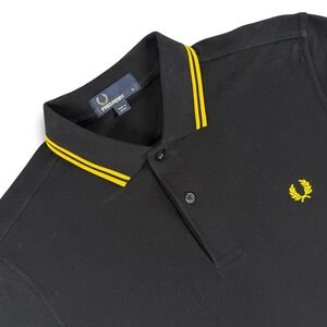 Fred Perry Polo Shirt Mens S Black Yellow Twin Tipped Short Sleeve Pique Fabric